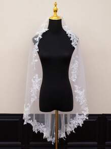 1pc Long Lace Edge Bridal Veil With Faux Pearl Decor, Wedding Hair Accessory - Multicolor - View 4