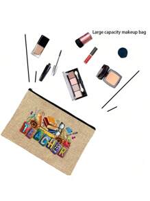 Bolso de mano de lino con estampado de patrones temáticos de maestros, bolso grande con bolso pequeño, con diseños de colores contrastantes que presentan patrones de útiles escolares, libros y artículos de papelería