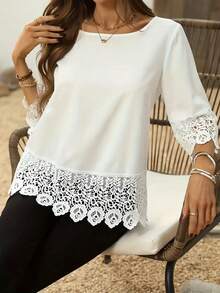 [Plus Size] White Plus Size Women Plus Size Polyester Crew Neck Blouse, Short Sleeve, Suitable For Spring/Summer - White - View 2