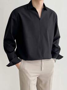 Los hombres de color sólido suelto jersey de cuello en V de manga larga camisa, versión coreana de los hombres de la  de gángster guapo sedoso drapeado camisa, la primavera y el otoño de camisas, adecuado para todos los días casual, el trabajo de desplazamiento, con pantalones de traje de desgaste - Negro - Ver 3