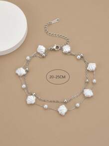 1pc Stainless Steel Pearl & Scallop Shell Beach Anklet For Women (Handmade Chain, Slight Variation In Shell & Bead Quantity, Actual Length Prevails)
