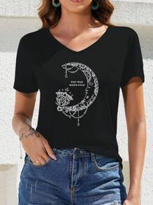 Moon Pendant Printed Stretch Sports T-Shirt, Short Sleeve V-Neck Slim T-Shirt, Women's Sportswear - Black - View 2