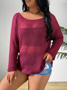 Plus Size Women Drop Shoulder Solid Color Long Sleeve Casual Top - Burgundy - View 3