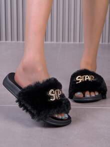 女士字母印花平底休闲舒适时尚室内拖鞋，适合夏季穿着 - 黑色 - 查看 4