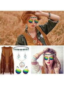 60、70年代嬉皮士风格女士服装套装，包括流苏背心、太阳镜、项链、耳环和发带。套装包含眼镜、发带、和平标志项链和耳环，适合圣诞派对装扮。 - 彩色 - 查看 6