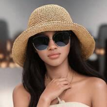 Straw Hat Bucket Hat Large Brim Hat Sun Hat Foldable Sun Hat Beach Hat Straw Hat Women's Sunblock Summer Hat When It Comes To Your Hand On A Long Journey, It May Be Folded, You Need To Unfold It And Adjust It