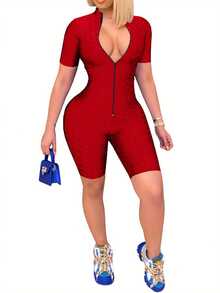 Women Solid Color Zip-Up Romper, Slim Fit Short Sleeve Stand-Up Collar Jumpsuit For Summer