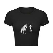 Unicorn Skeleton Graphic Crop Top T-Shirt For Women - Black