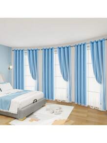 Top Eyelet/Hollow Star Cutout Curtain/Layered Solid Color Blackout And Sheer 2-In-1 Curtain/Blackout Bedroom Curtain/Bedroom Decor Curtain/Living Room/Classroom/Beautiful Sheer Lace Double Layer Curtain