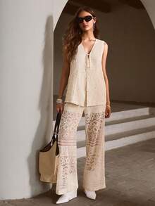 2 件套女士夏季无袖 V 领系带上衣和长裤套装，适合假期、音乐节、西方风格 - 杏色 - 查看 3