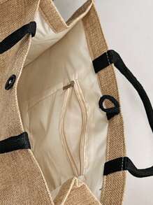 Bolso de mano de lino con estampado de patrones temáticos de maestros, bolso grande con bolso pequeño, con diseños de colores contrastantes que presentan patrones de útiles escolares, libros y artículos de papelería