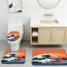 1 conjunto, patrón de ola, paisaje de puesta de sol, coche, tabla de surf, juego de 3 piezas de alfombra de baño de elementos diarios, alfombra de baño absorbente y lavable, alfombra de baño antideslizante, tapa de inodoro, alfombra de baño gruesa y suave, ducha, cocina, lavandería, baño, sala de estar, dormitorio, alfombra de interior, accesorio de decoración del hogar