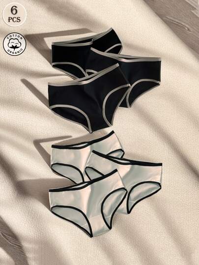 6条装女士彩色运动简约内裤，ins风简约风格内裤，中腰日式黑白灰女士三角裤