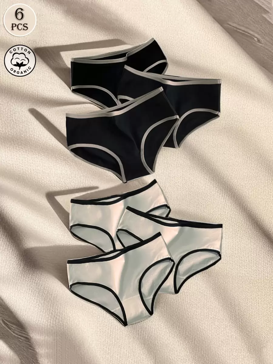 6条装女士彩色运动简约内裤，ins风简约风格内裤，中腰日式黑白灰女士三角裤 - 彩色 - 查看 1