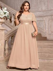 Plus Deep V-Neck Sequin Lace Ruffle Mesh Sleeve Contrast Chiffon Formal Party Long Dress