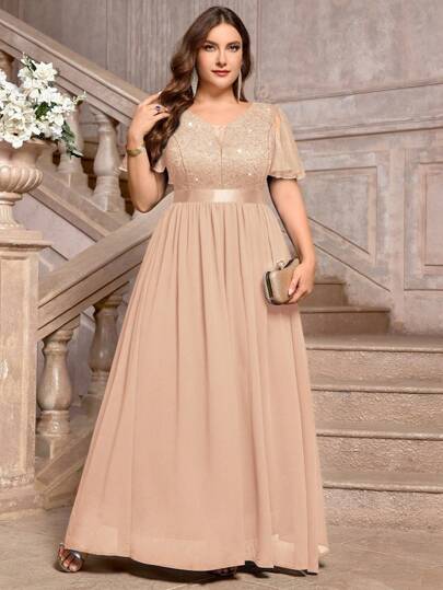 Plus Deep V-Neck Sequin Lace Ruffle Mesh Sleeve Contrast Chiffon Formal Party Long Dress