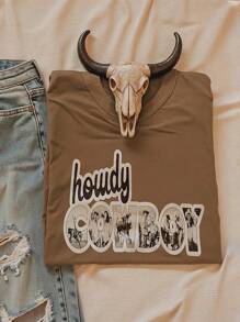 西式复古老式骑马牛仔字母印花 T 恤，女式夏季宽松短袖上衣