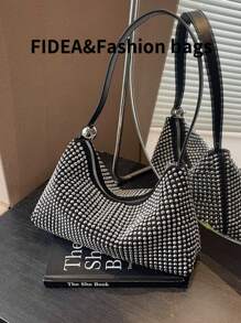 Y2K Fashion Sparkling Rhinestone Glossy Shoulder Handbag, Luxury High-End Elegant Suitable For Work, Shopping, Date, Wedding, Versatile Clutch - Black - View 5