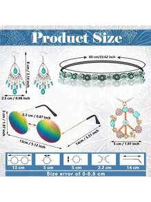 60、70年代嬉皮士风格女士服装套装，包括流苏背心、太阳镜、项链、耳环和发带。套装包含眼镜、发带、和平标志项链和耳环，适合圣诞派对装扮。 - 彩色 - 查看 3