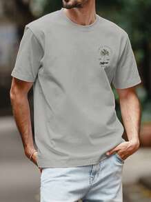 Coastal | 夏季新款男士椰树字母印花短袖圆领T恤，休闲度假装 - 淺灰色 - 查看 4