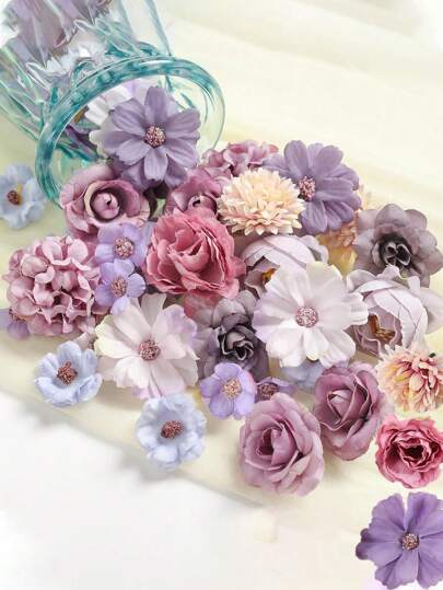 20/40pcs Mini Purple & Green Artificial Flower Heads, Including Fake Peony, Daisy, Rose And More, Small Silk Flower Blooms, Suitable For Crafts, Wreaths, Weddings, Parties, DIY Home Decor, Size 2-4cm.
