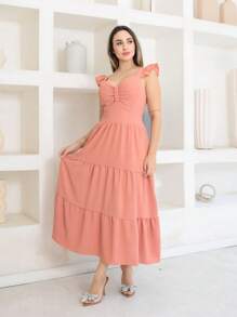 Vitoria Duna Midi Dress Plain Gathered With Ruffle On The Sleeve - 乾枯玫瑰色 - 查看 1