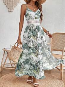 Women's Floral Printed Dresses-Elegant Sleeveless Split Hem High Waist Hollow Vacation Style Halter Long Dresses