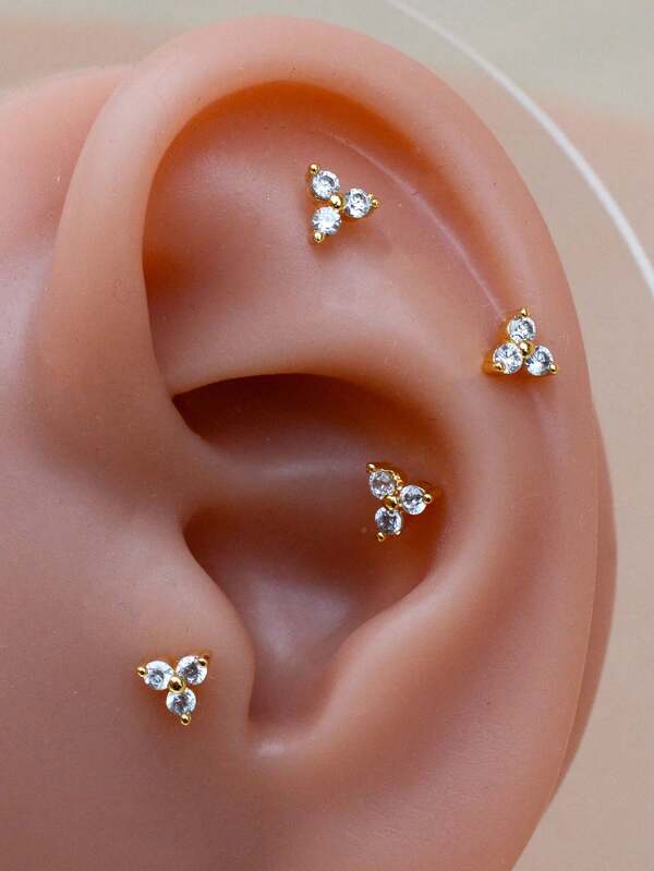 1 peça brincos pequenos de aço inoxidável com zircônia cúbica de cobre e três folhas de flor para mulheres, cartilagem de orelha, hélice, concha, tragus, confortável, costas planas, joia de piercing de lóbulo daith