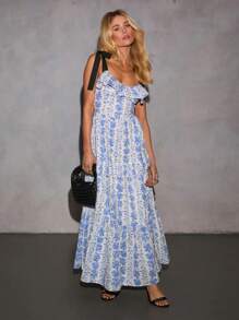Summer Party Tiered Floral Maxi Dress - Blue - View 5