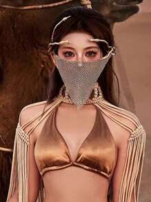 3pcs Metallic Crystal Headpiece Set, Including Retro Snake Headband & Face Veil, Unique Decor - Two Golden Snakes and One Metal Rhinestone Face Curtain - View 5