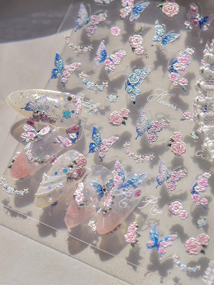 Naklejki na paznokcie 5D różowe kwiaty motyle i róże wiosna lato naklejki suwaki do paznokci relief nail art manicure dekoracje