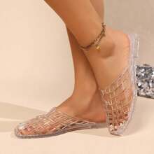 2025 Spring/Autumn New Perforated Mules For Women, Outdoor Beach Sandals, Non-Slip Super Soft Bottom Flat Jelly Hollow Crystal Shoes