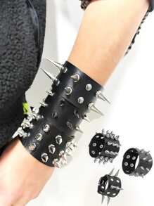 铆钉朋克风真皮手链，男女皆宜，朋克摇滚铆钉手链套装，黑色真皮铆钉朋克手链，环绕式手链，金属扣腕带，适合日常佩戴和送礼 - 黑色 - 查看 8