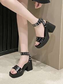 [Black Faux Ankle Boots High Heels] Elegant Women Black Strap Sandals - Open Toe Chunky Heel, Silver Rivet Buckle Closure - Comfortable Summer Elevator Shoes, Rubber Sole, High Heels