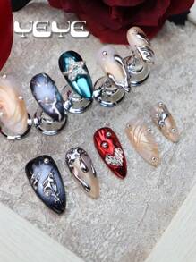 Upgrade Your Look Cost-Saving Maintaining Beautiful Nails All Times With 10pcs Almond Shape Hand-Made Gradient Mermaid Yellow Metal Blue-Green Punk European Style Full Coverage Fake Nails Set Elegant Shiny Metal Silver Rhinestone Decor Star Heart Silver Chrome Metal Red Y2K Novelty Full Cover Acrylic Korea Style Press-On Nails Set For Women And Girls Vanity With 1pc Mini Nail File & 1 Sheet Adhesive Tabs - Multicolor - View 4