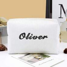 Personalized Embroidery Makeup Bag Portable Corduroy Makeup Bag Custom Name Travel Makeup Light Beigecare Toiletry Bag Bridesmaid Bag Cosmetic Bags For Woman Customized Gift, Makeup Travel Bag - Multicolor - View 3