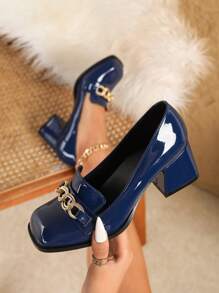 Petite Women's Mary Jane Chunky Heel Pumps, Square Toe Bow Decor High Heels, Comfortable Sapphire Blue Dress Shoes