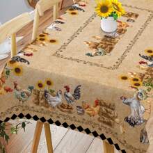 1pc Vintage Farm Theme Tablecloth With Rooster, Chicks, Sunflower Pattern In Rectangular Farmhouse Style, Suitable For Daily Use In Kitchen, Dining Room, Patio, Picnic, Garden, Indoor And Outdoor - Khaki - View 6