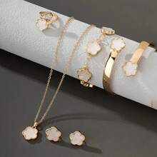 6 pezzi set di gioielli in lega a forma di foglie e quadrifogli per donne - bracciale, collana, orecchini a perno, ciondolo a fiore della fortuna
