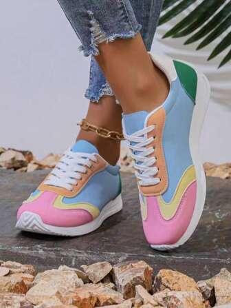 Color Block Sneakers - Lightweight, Cushioned Support, Breathable Fabric Lining, Fashionable Design, Comfortable Athletic Shoes For All Seasons