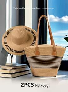 Set de 2 piezas para mujer de sombrero de paja estilo rayado y bolso tipo tote para viajes y uso al aire libre. Sombrero de ala ancha de protección UV para el verano y bolso de hombro espacioso
