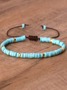 1pc Natural Stone Turquoise Beaded Woven Adjustable Bracelet, Gift For Women