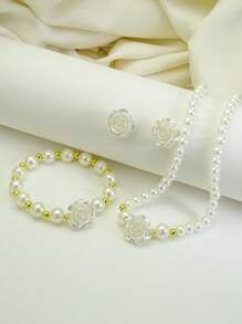 4pcs/Set Faux Pearl With Flower Decor Necklace, Bracelet, Earrings Jewelry Set, Elegant Vintage Style Suitable For Daily Wear, Commute, Outdoor, Party, Ideal For Graceful Ladies - Gold - View 3
