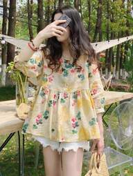 YUXIN Summer New Loose Sweet 3/4 Sleeve Round Neck Ruffle Blouse, Fashionable Bat Wing Design Ditsy Floral Shirt