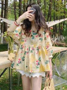 YUXIN Summer New Loose Sweet 3/4 Sleeve Round Neck Ruffle Blouse, Fashionable Bat Wing Design Ditsy Floral Shirt