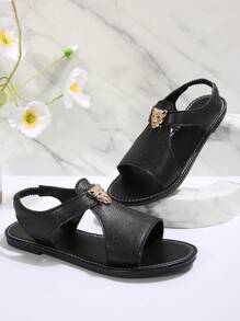 女士时尚露趾黑色凉鞋，带金属豹头装饰，镂空设计，系带，优雅度假风格平底凉鞋，适合夏季