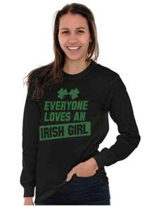 St Patrick's Day Womens Long Sleeve Graphic Tee Shirt Saint Paddy's Day Everyone Loves An Irish Girl Four Leaf Clover Shamrock Ladies Casual Fashion Cotton Printed Crewneck Tshirt - 黑色 - 查看 1