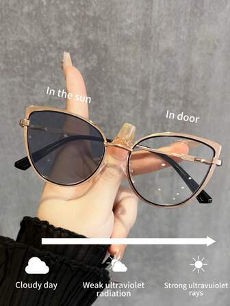 1 pieza Gafas de moda multifuncionales para mujer con montura de metal de ojo de gato, fotocromáticas, cambian de color con la luz, protección contra rayos -X para uso en computadoras, versátiles y elegantes para verano, playa, vacaciones y viajes