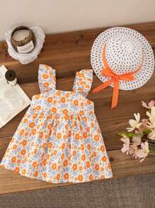 2 pièces Tenue d'été pour petites filles, robe à nœud et chapeau floral sans manches, orange, tenue décontractée pour tous les jours