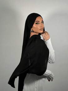 1pc Abaya Accessories Ladies' Solid Color Faux Pearl Chiffon Soft Hijab, Arabian Casual Scarf, Long Conservative Scarf For Daily Use Headband Veiled Clothes - Black - View 2